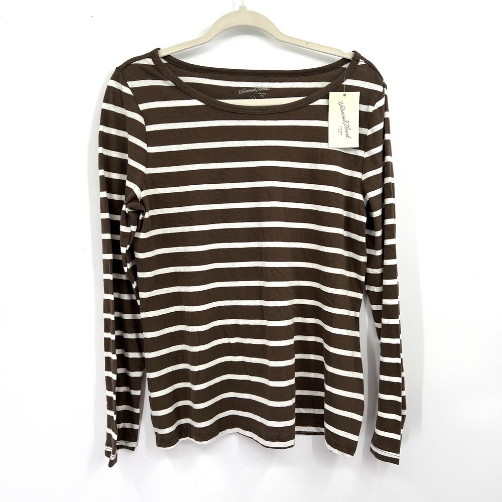 NEW‎ long sleeve boat neck t-shirt brown white stripe coastal preppy nautical M